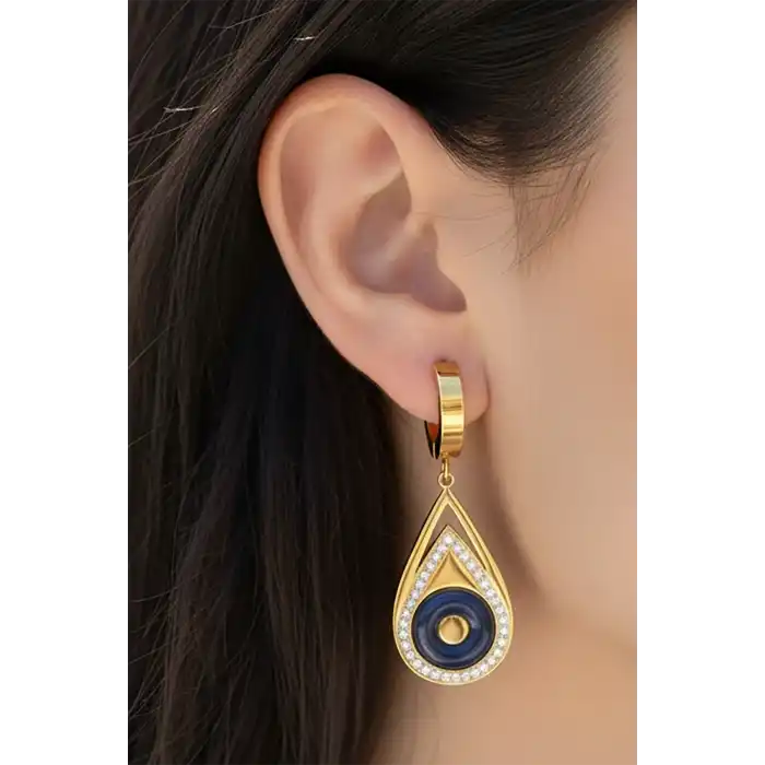 Altın Renk Taş Detaylı Çelik Küpe (Çift)