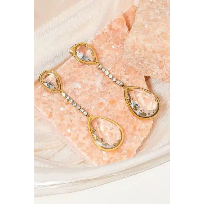 Altın Renk Taş Detaylı Çelik Küpe (Çift)