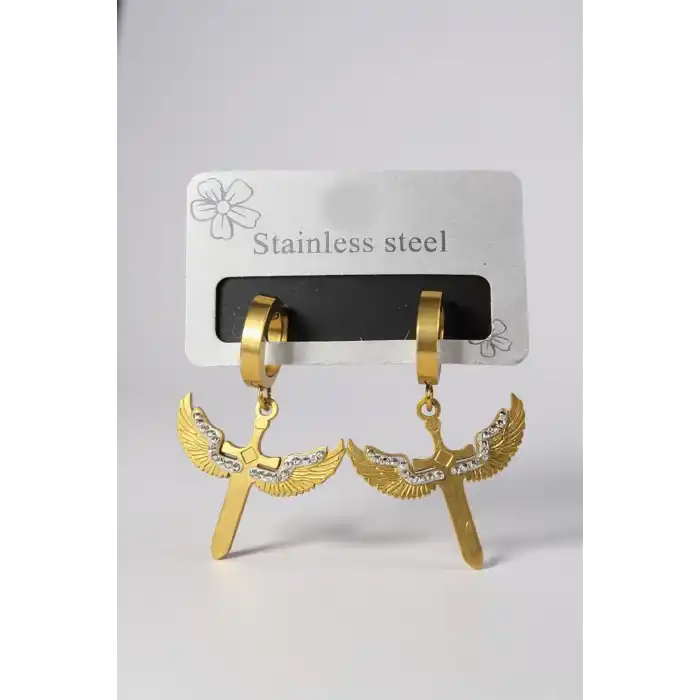 Altın Renk Taş Detaylı Çelik Küpe (Çift)