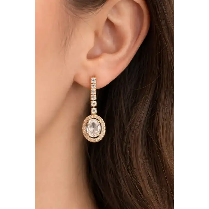 Altın Renk Taş Detaylı Çelik Küpe (Çift)