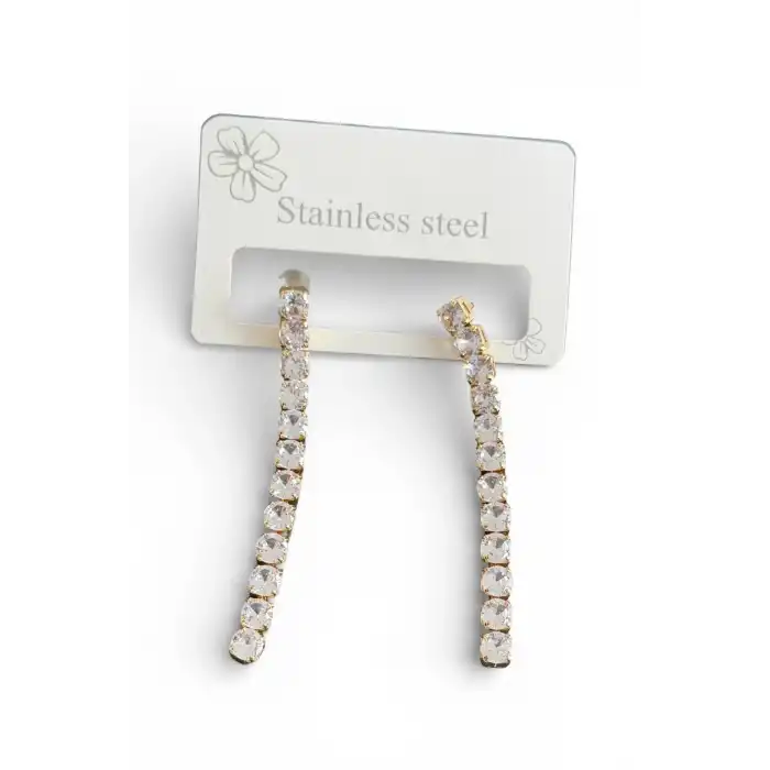 Altın Renk Taş Detaylı Çelik Küpe (Çift)