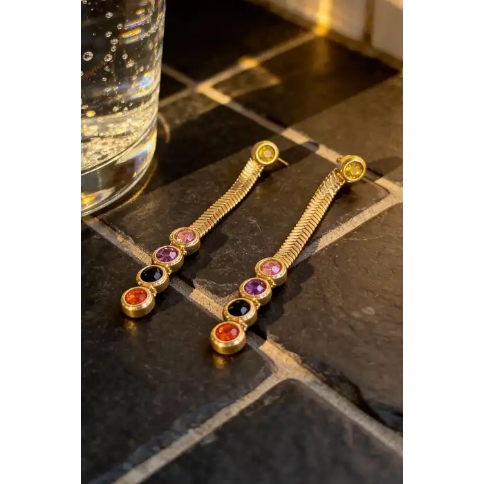 Altın Renk Taş Detaylı Çelik Küpe (Çift)