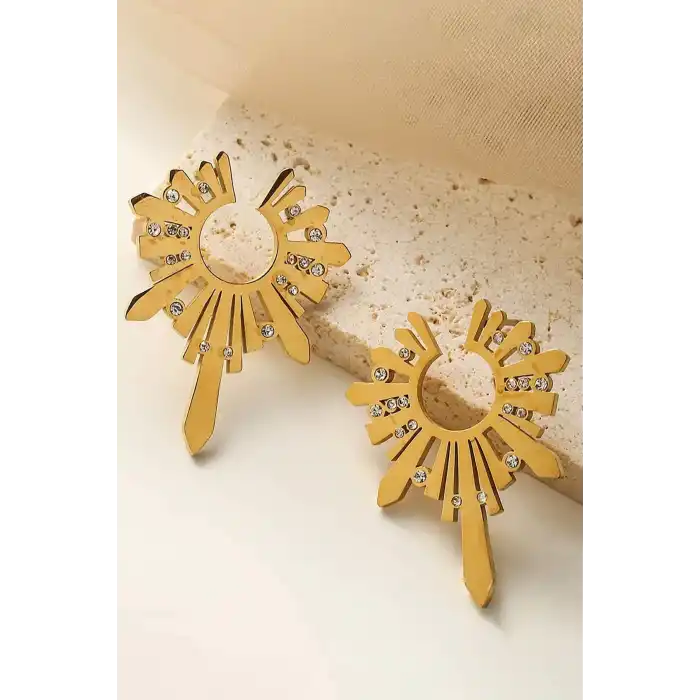 Altın Renk Taş Detaylı Çelik Küpe (Çift)