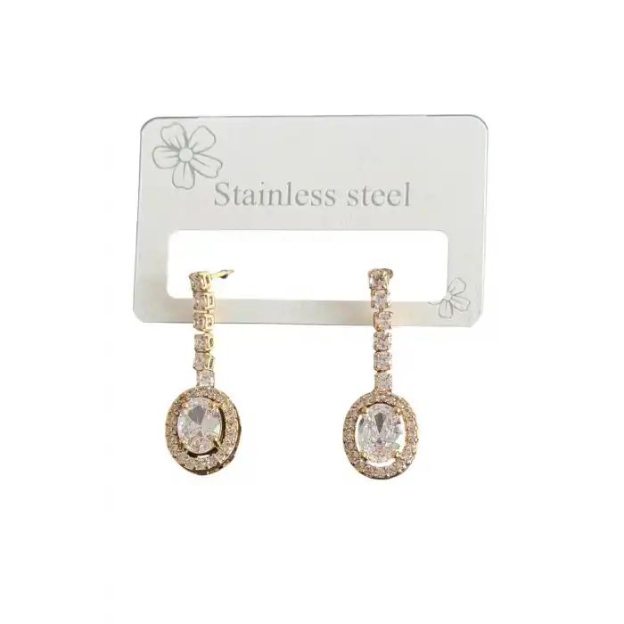 Altın Renk Taş Detaylı Çelik Küpe (Çift)