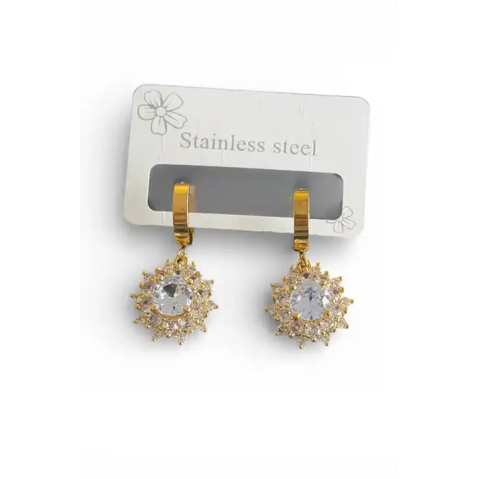 Altın Renk Taş Detaylı Çelik Küpe (Çift)