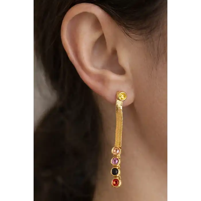 Altın Renk Taş Detaylı Çelik Küpe (Çift)