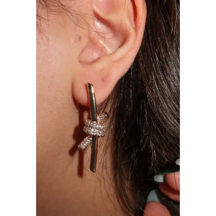 Altın Renk Taş Detaylı Çelik Xupıng Küpe (Çift)