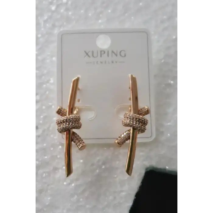 Altın Renk Taş Detaylı Çelik Xupıng Küpe (Çift)