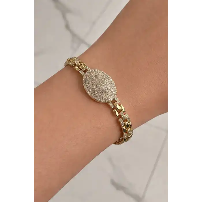 Altın Renk Taş Detaylı Çelik Xupıng VİP Bileklik