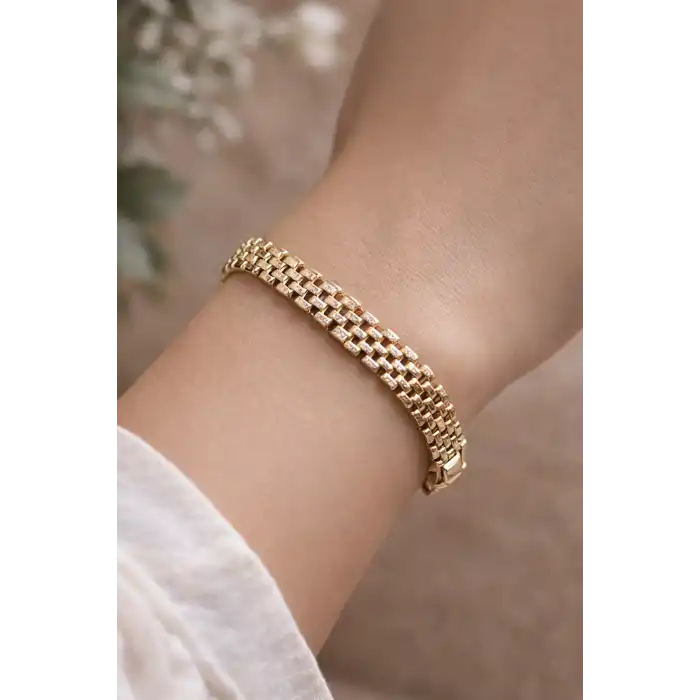 Altın Renk Taş Detaylı Çelik Xupıng VİP Bileklik