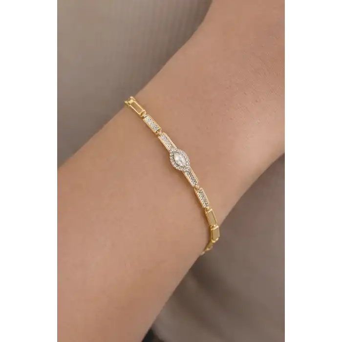 Altın Renk Taş Detaylı Çelik Xupıng VİP Kelepçe Bileklik