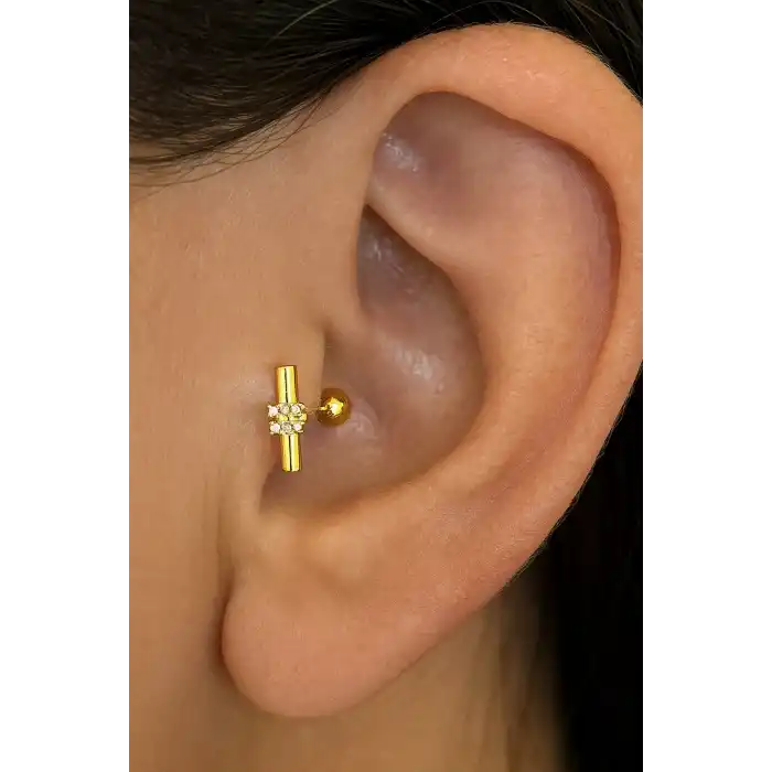 Altın Renk Taş Detaylı Cerrahi Çelik Tragus/Kıkırdak Küpe/Piercing (Tek)