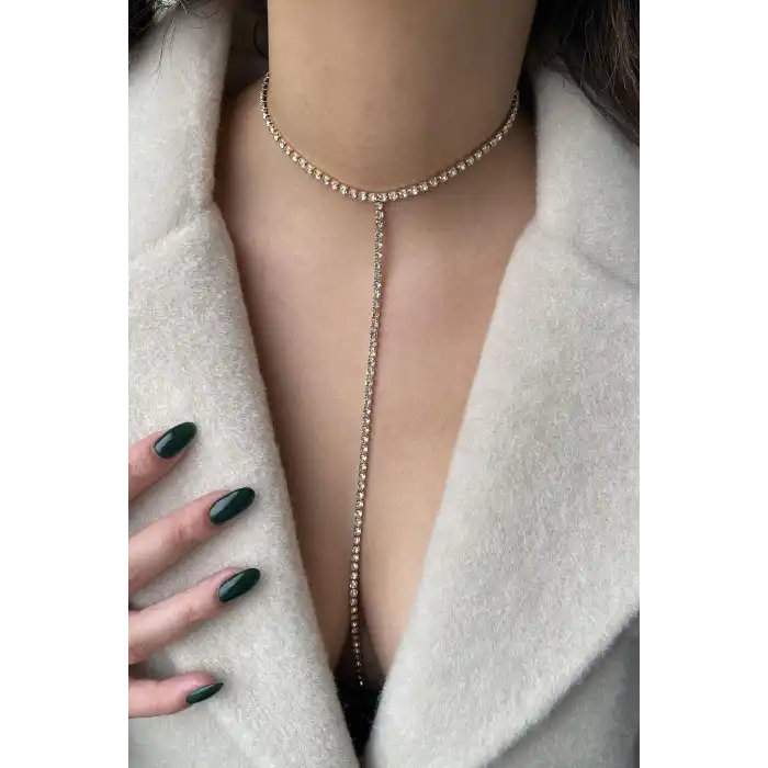 Altın Renk Taş Detaylı Choker Kolye/ Vücut Aksesuarı