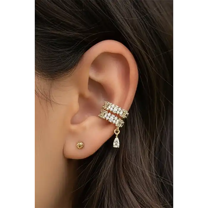 Altın Renk Taş Detaylı Ear Cuff (Tek)