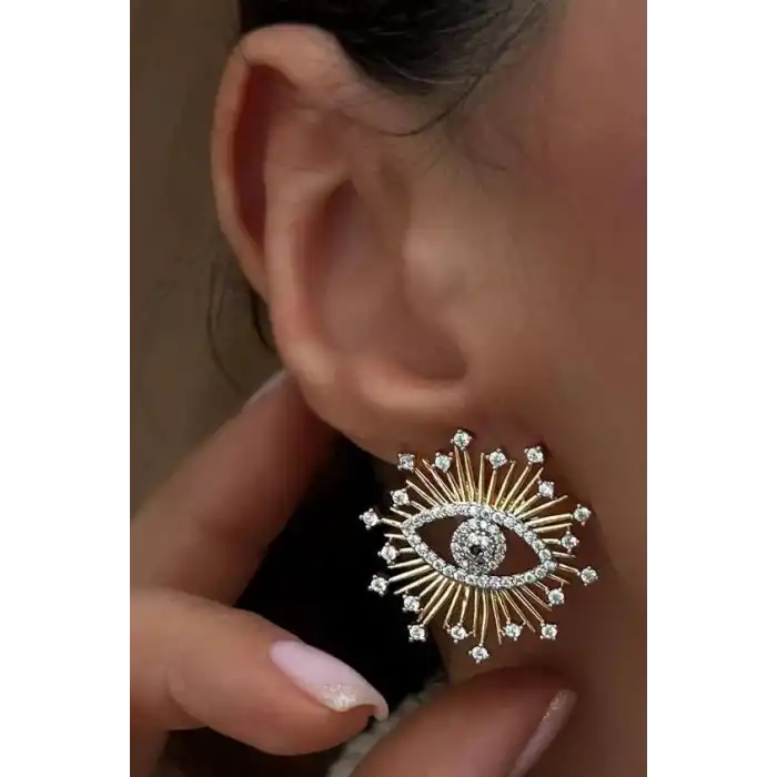 Altın Renk Taş Detaylı Göz Figürlü Küpe (Çift)