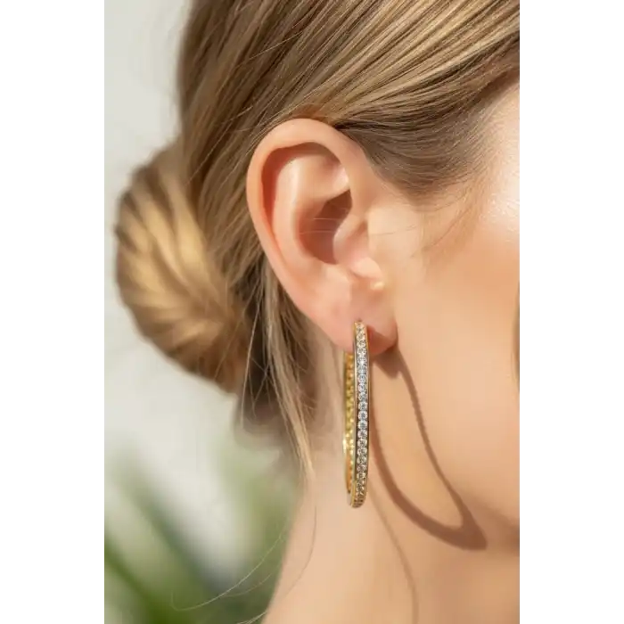 Altın Renk Taş Detaylı Halka Küpe (Çift)