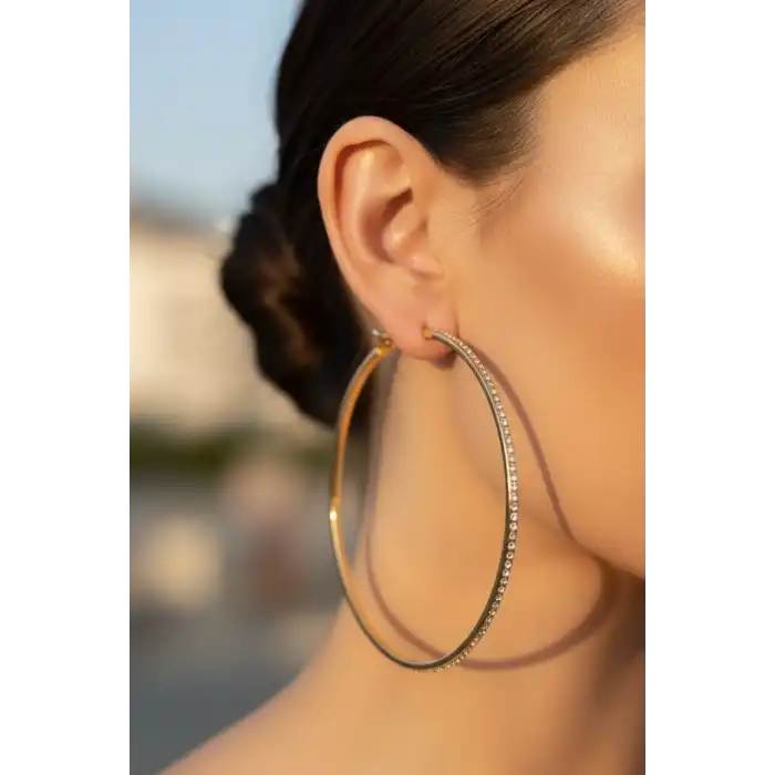 Altın Renk Taş Detaylı Halka Küpe (Çift)