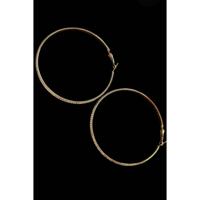 Altın Renk Taş Detaylı Halka Küpe (Çift)