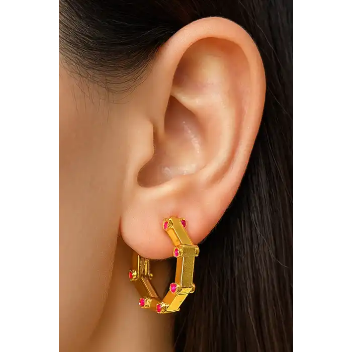 Altın Renk Taş Detaylı Halka YSX Küpe (Çift)