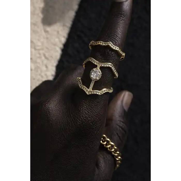 Altın Renk Taş Detaylı İkili Ayarlanabilir Yüzük