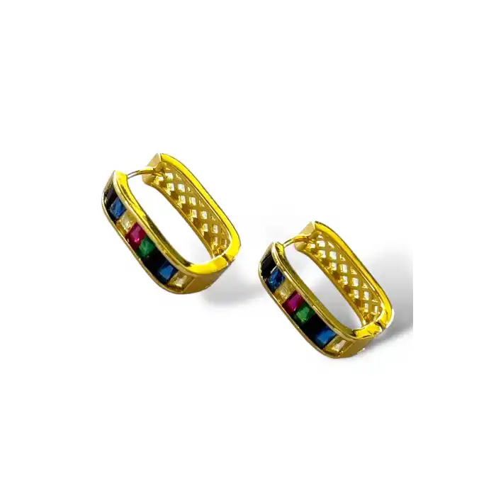 Altın Renk Taş Detaylı Kare Küpe (Çift)