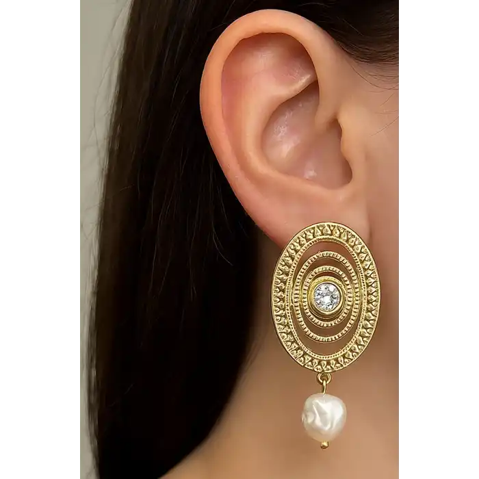 Altın Renk Taş Detaylı Küpe (Çift)