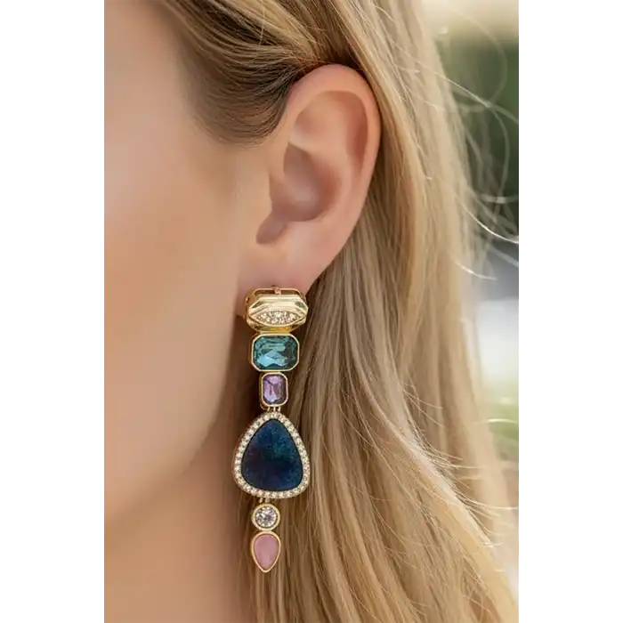 Altın Renk Taş Detaylı Küpe (Çift)