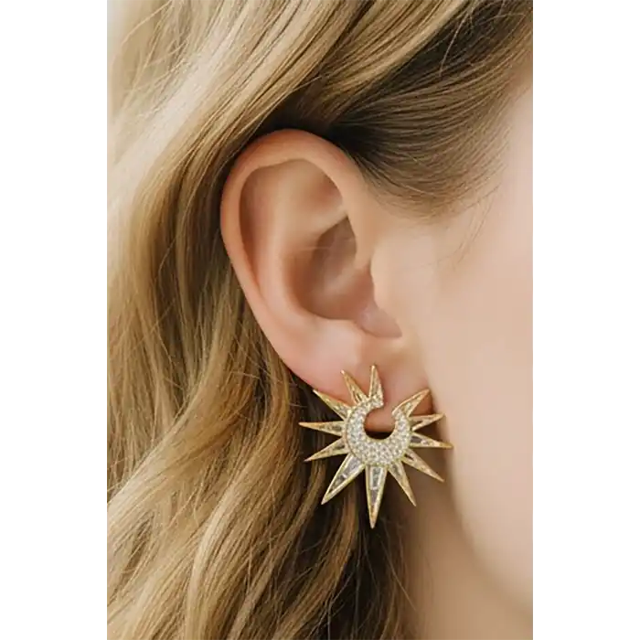 Altın Renk Taş Detaylı Küpe (Çift)