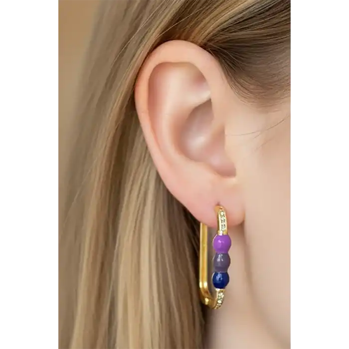 Altın Renk Taş Detaylı Küpe (Çift)