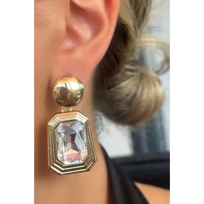 Altın Renk Taş Detaylı Küpe (Çift)