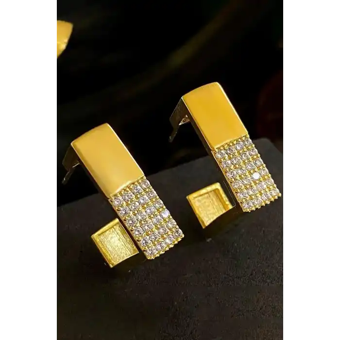 Altın Renk Taş Detaylı Küpe (Çift)