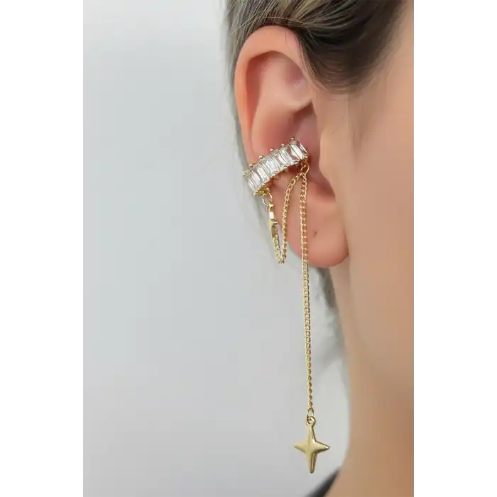 Altın Renk Taş Detaylı Sallantılı 14K Altın Kaplama TX Ear Cuff (Tek)
