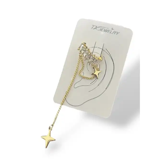 Altın Renk Taş Detaylı Sallantılı 14K Altın Kaplama TX Ear Cuff (Tek)