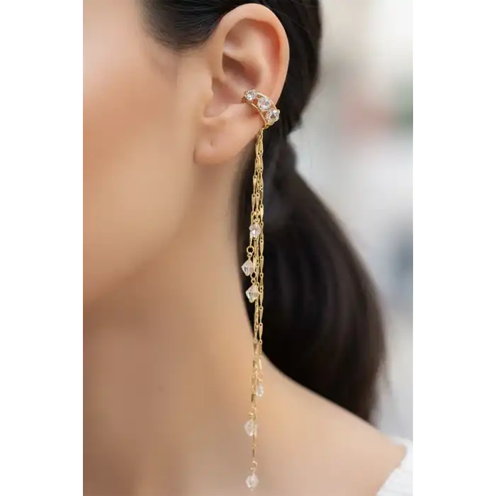 Altın Renk Taş Detaylı Sallantılı Ear Cuff (Tek)