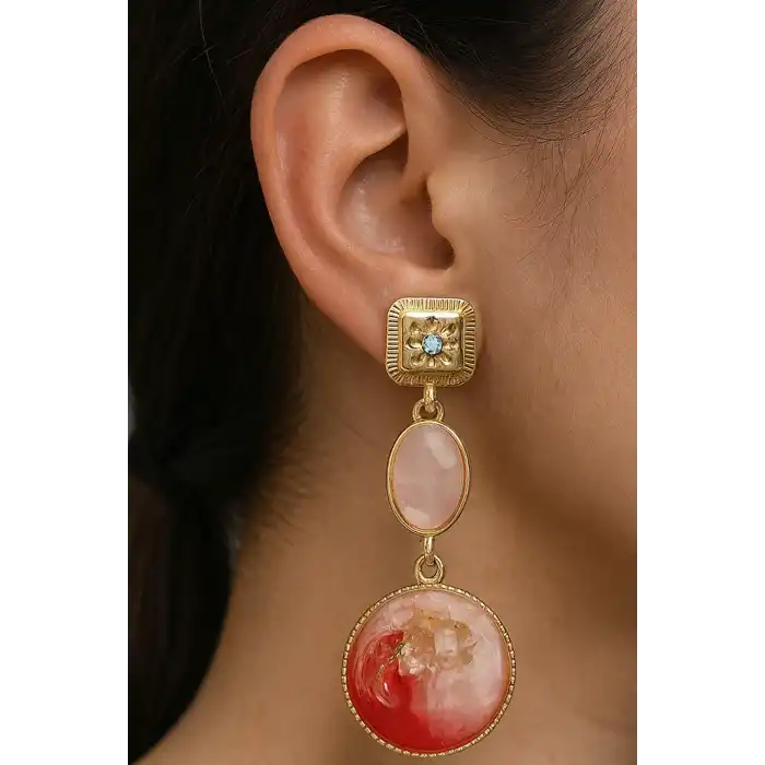 Altın Renk Taş Detaylı Sallantılı küpe (Çift)