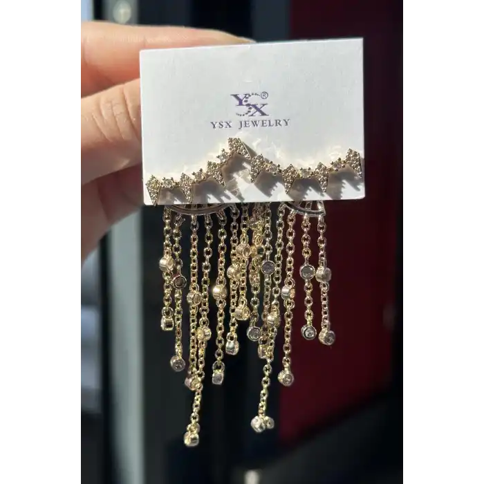 Altın Renk Taş Detaylı Sallantılı VİP YSX Küpe (Çift)