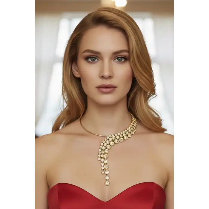 Altın Renk Taş Detaylı Tasarım Abiye Kolye