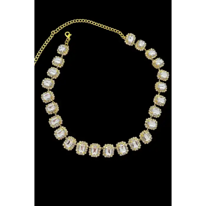 Altın Renk Taş Detaylı Tasarım Abiye Kolye