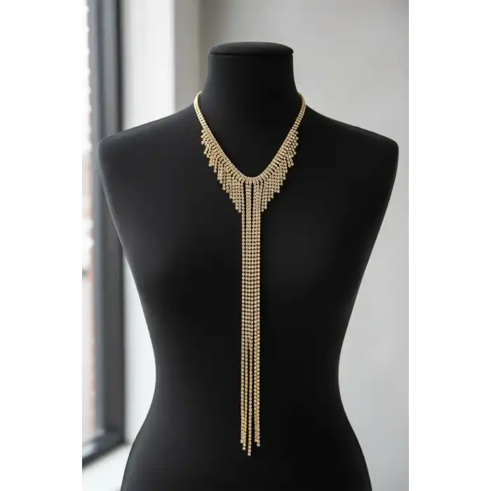 Altın Renk Taş Detaylı Tasarım Abiye Kolye