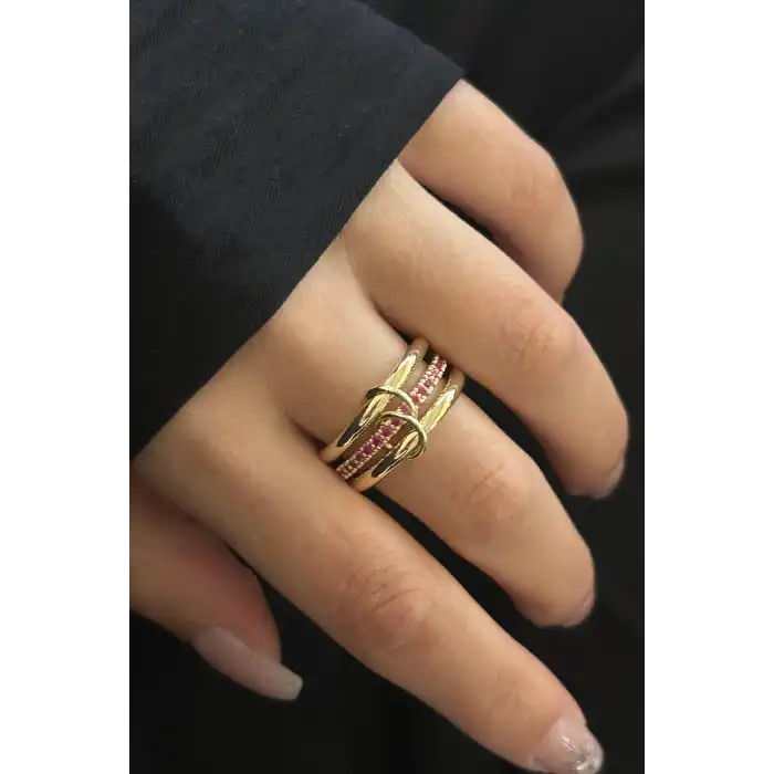 Altın Renk Taş Detaylı Üçlü Yüzük