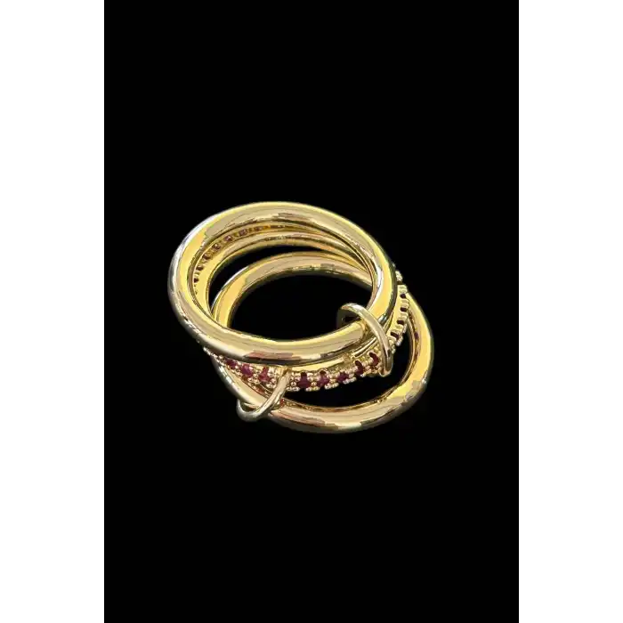 Altın Renk Taş Detaylı Üçlü Yüzük