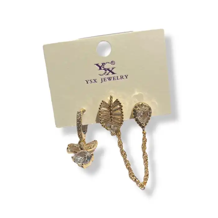 Altın Renk Taş Detaylı VİP 3lü YSX Küpe Set