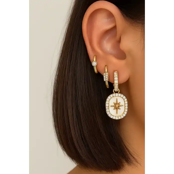 Altın Renk Taş Detaylı VİP 3lü YSX Küpe Set