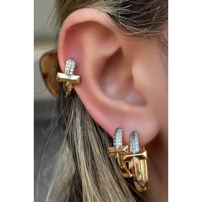 Altın Renk Taş Detaylı VİP 3lü YSX Küpe Set