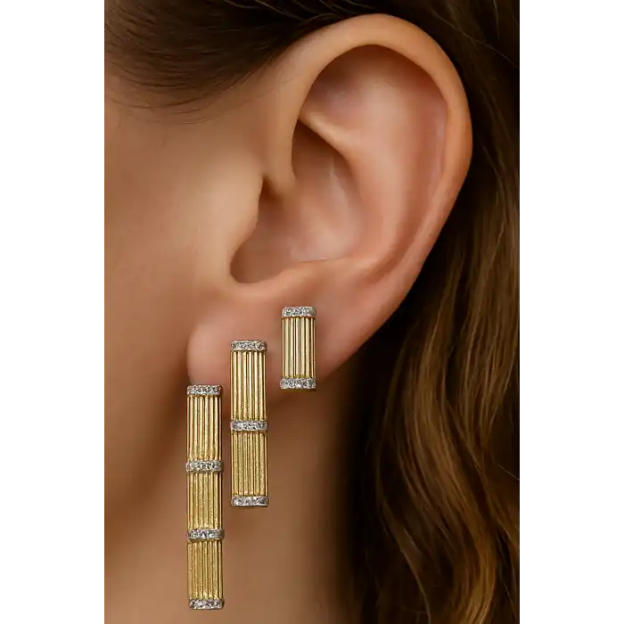 Altın Renk Taş Detaylı VİP 3lü YSX Küpe Set