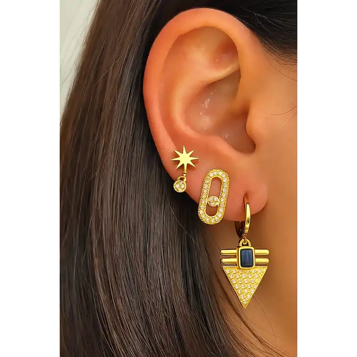 Altın Renk Taş Detaylı VİP 3lü YSX Küpe Set