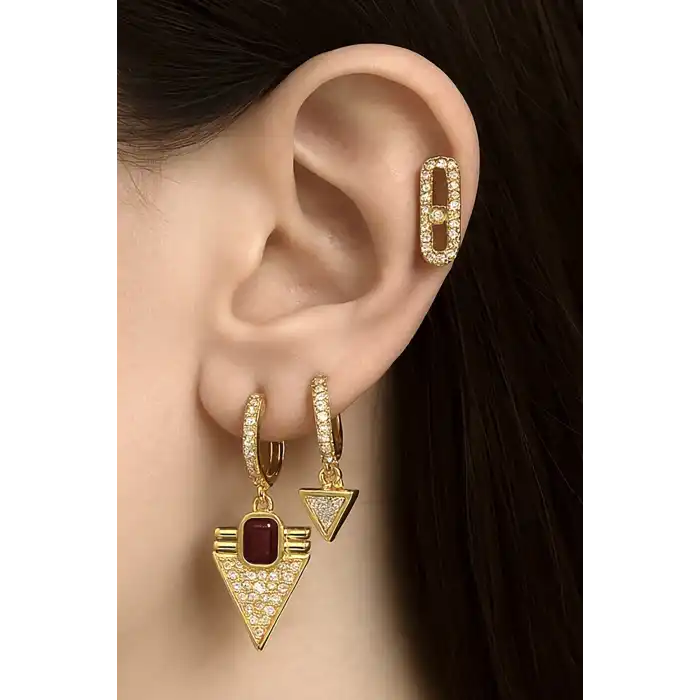 Altın Renk Taş Detaylı VİP 3lü YSX Küpe Set