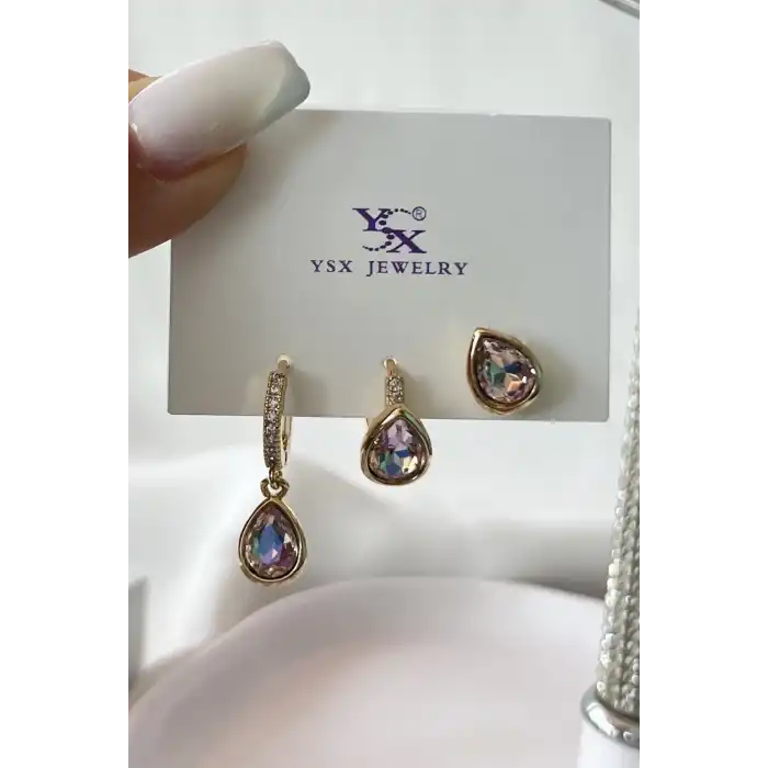 Altın Renk Taş Detaylı VİP 3lü YSX Küpe Set