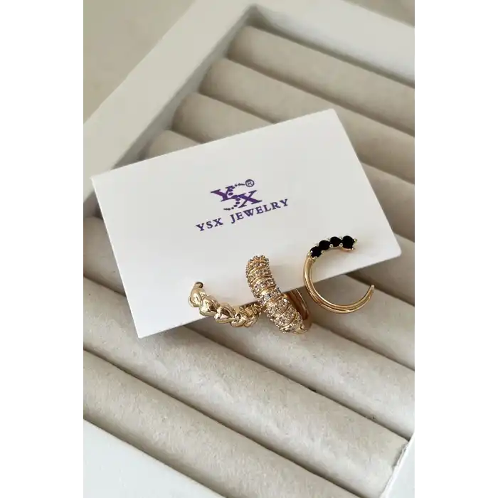 Altın Renk Taş Detaylı VİP 3lü YSX Küpe Set