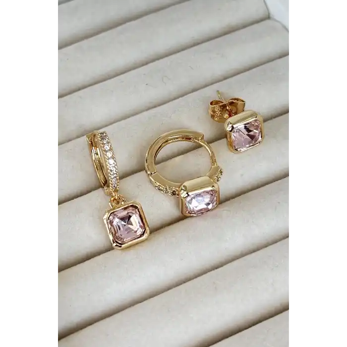 Altın Renk Taş Detaylı VİP 3lü YSX Küpe Set